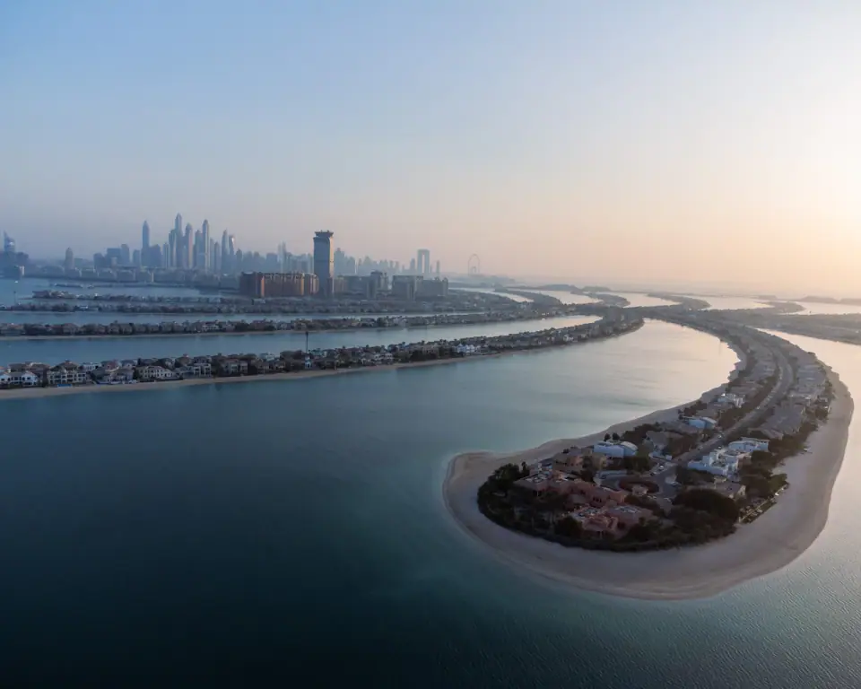 Villas on a Palm Jumeirah frond at dusk
