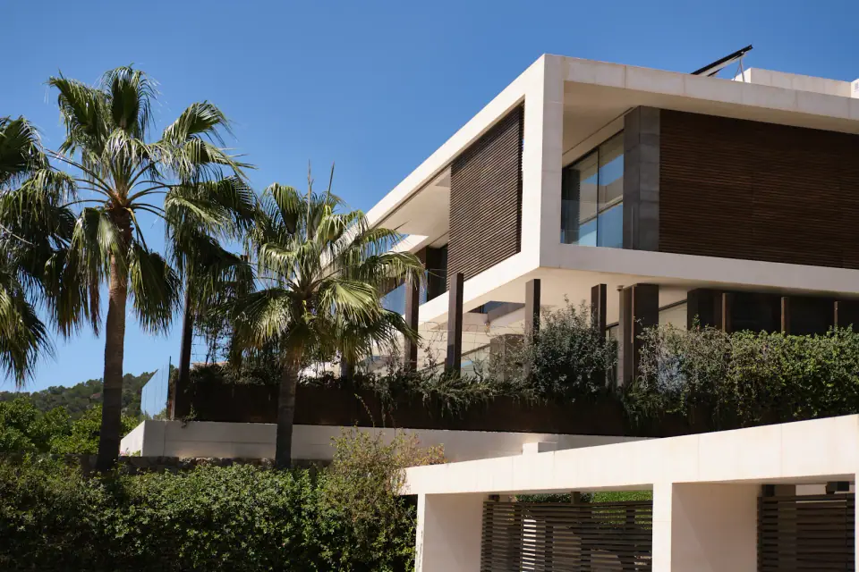 White contemporary villa among palm trees (illustrative)