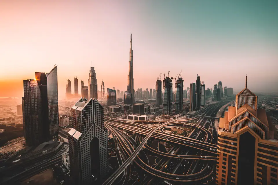 Burj Khalifa above the Sheikh Zayed Road interchange at golden hour